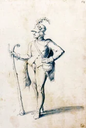 Kostümentwurf für eine männliche Figur mit Stab